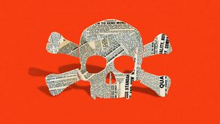 Illustration of a skull and bones made of newspaper